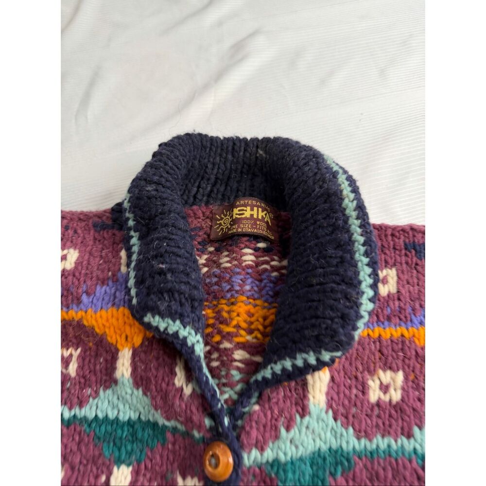 Artesanias Ishka Colorful Geometric Wool Heavy Knit Ecuador Sweater Jacket Sz XL - Picture 2 of 11